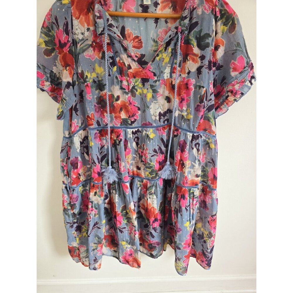 Sundance Annabelle Floral Blue Pink Cotton Dress XXL Short Sleeves Tassle Ruffle - Picture 3 of 11